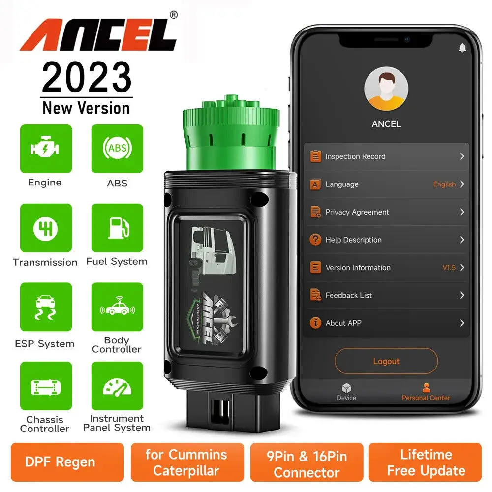 ANCEL HD100 Bluetooth Diesel Heavy Duty Truck Scanner 9/16 Pin All System for Cummins Caterpillar Diagnostic Scan Tool