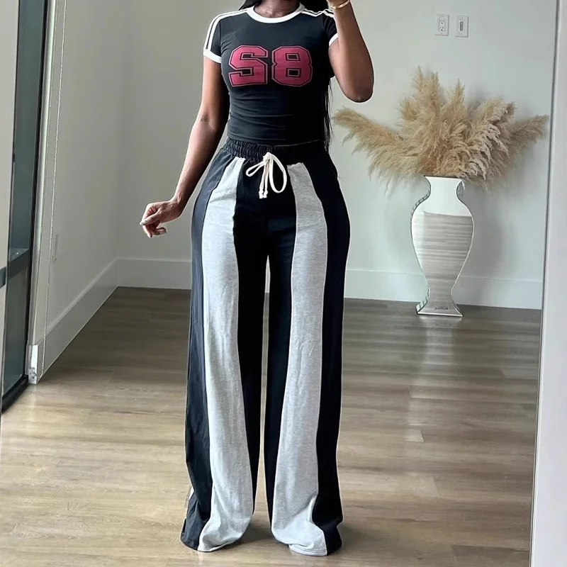 Slergiri Damskie Casualowe Spodnie Rozszerzane ze Sznurkiem, Patchworkowe, Modne na Wiosnę Lato 2025, z Wysokim Stanem, Kolorowe Proste Spodnie