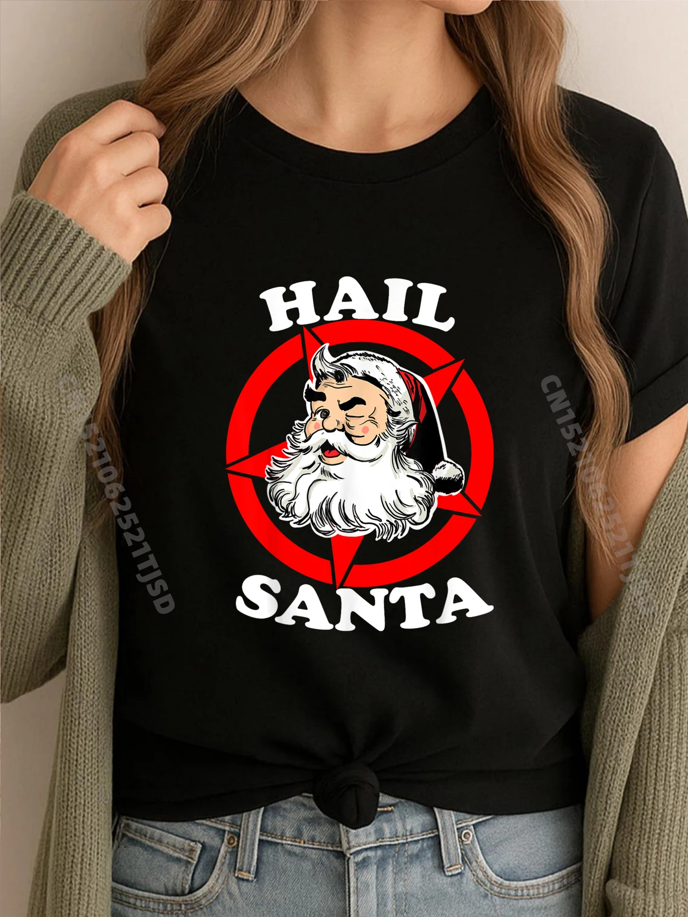 

Hail Santa Christmas Metal Santa Sleigher White Graphic Tee Natural Short Sleeve Tee St Patrick's Day