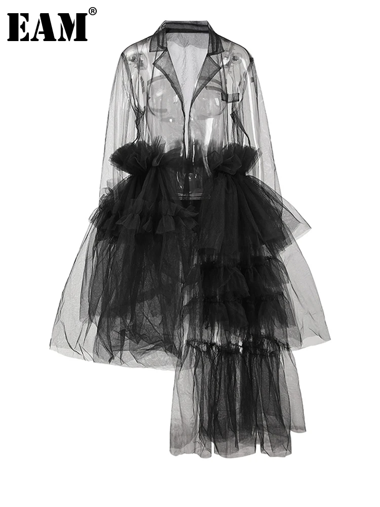 [EAM] chaqueta larga con perspectiva de volantes de malla negra para mujer, chaqueta de manga larga con solapa nueva, moda Primavera Verano 2026 CPDB110