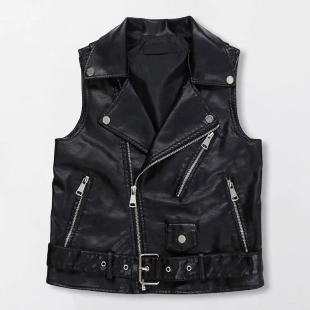 Lady Waistcoat Solid Color Women Waistcoat Stylish Women's Faux Leather Vest with Belted Turn-down Collar Zip-up for Commuting