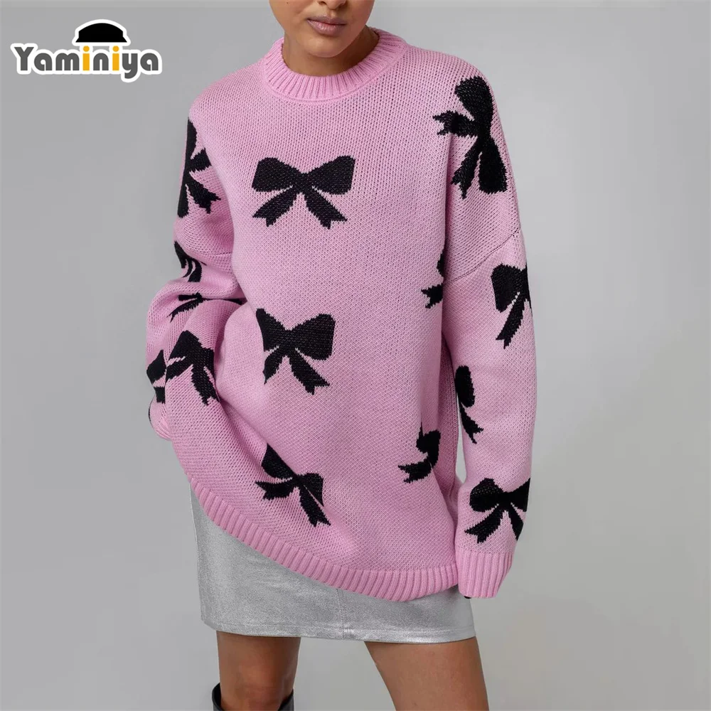 Yaminiya Winter Strik Grafische Schattige Zwarte Truien Vrouwen Losse Lange Mouw Gebreide Casual Basic Outwear Herfst Pullover Elegant