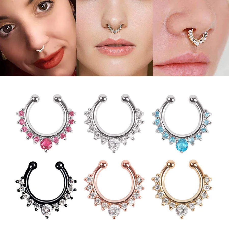 1Pc Fashion Rhinestone Fake Nose Ring Hoop  Faux Septum Piercing Ring Cheater Jewelry Faux Piercing Women Non Piercing Jewelry