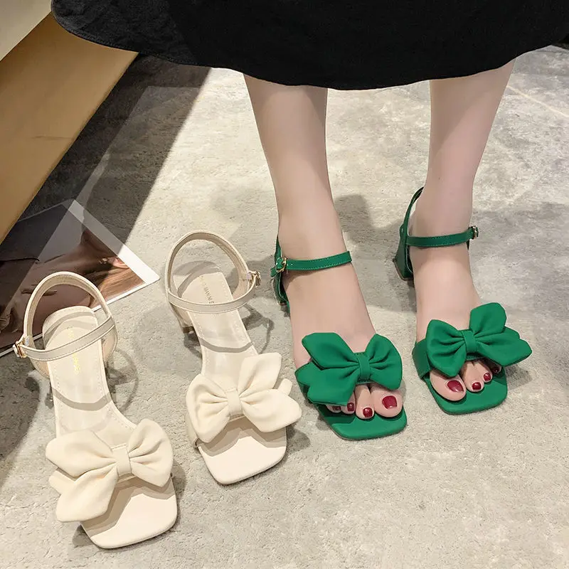 Sandals Women 2024 Summer New Fashion Square Head Bow French Buckle Belt Thick Heel Shoes Lady Sexy Work High Heels Beige Green