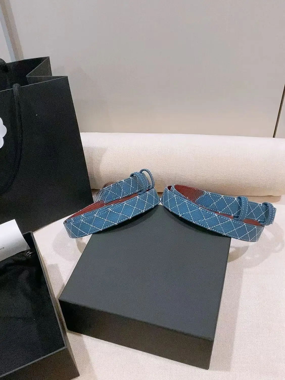 Unisex Genuine Leather Replacement Belt Strap Without Buckle Blue Diamond Quilted Texture Double Sided Wear Waist Belt Band Multi Sizes