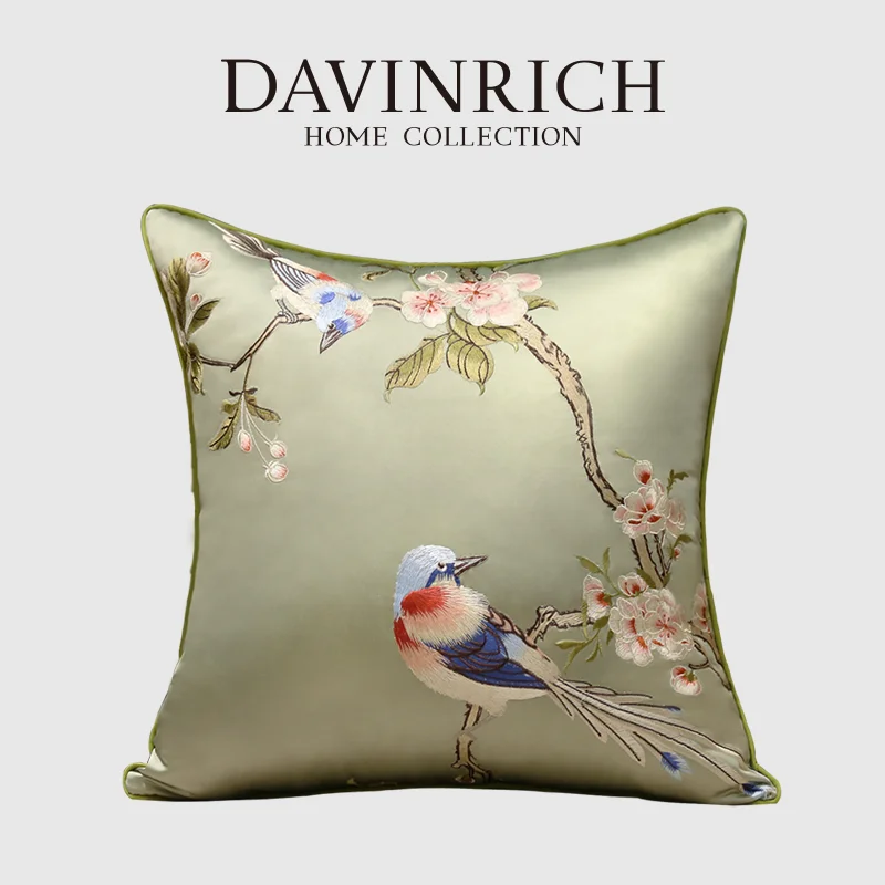 

DAVINRICH Cherry Blossom Birds Embroidery Cushion Cover Retro Chinoiserie Collection Satin Throw Pillow Case 45x45cm Spring Deco