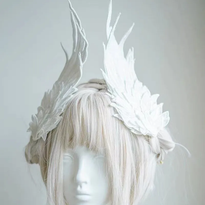 

Double-layered black and white angel wings Lolita feather embroidery hair clips for styling, runway, and bride photography