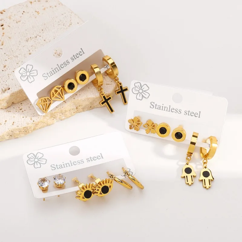 ZE1077 عبر الحدود INS الرياح الفولاذ المقاوم للصدأ أقراط العين النخيل الصليب قلادة مجموعة مزاجه الأقراط الرجعية