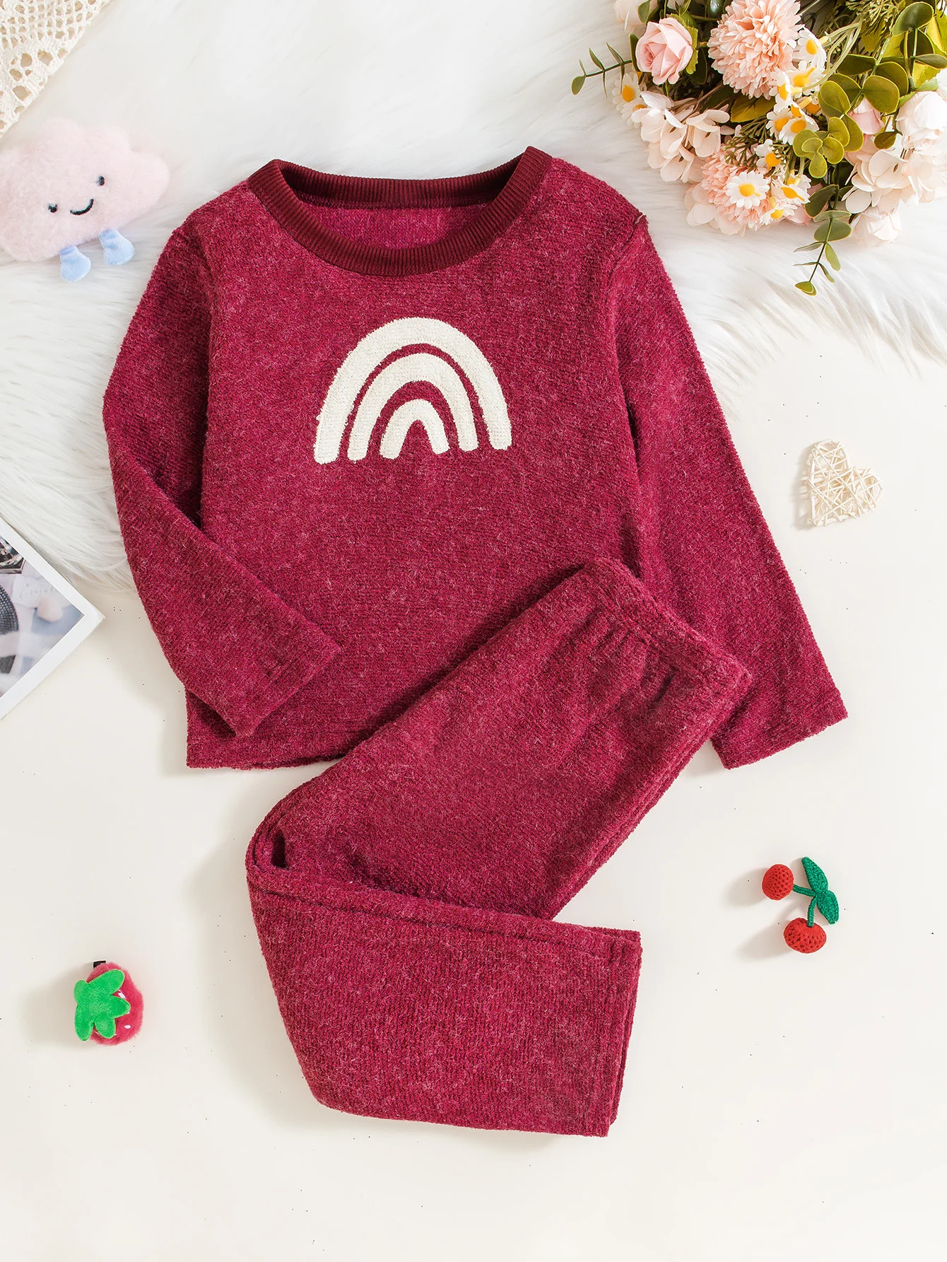 Girls' set with rainbow embroidered pattern long sleeved pants, simple daily two-piece set