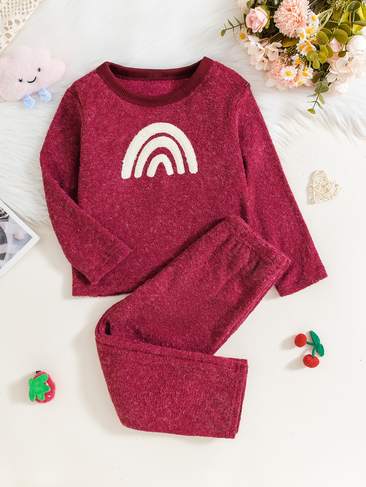  Girls' set with rainbow embroidered pattern long sleeved pants, simple daily two-piece set 