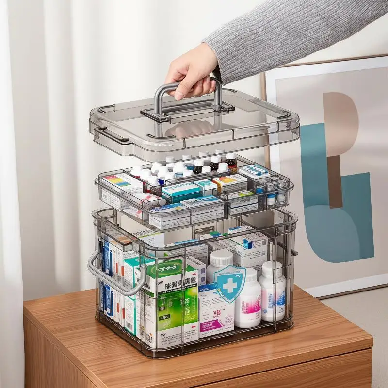 Rectangular Lid Transparent Waterproof Medicine First Aid Storage Box Double-Layer PP Plastic Emergency No Break Safe Keep