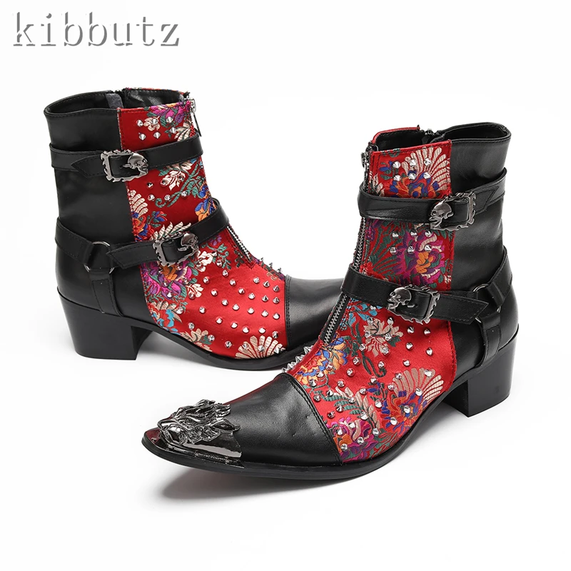 Luxury Embroidery Rivets Men Ankle Boots Designer New Metal Pointed Toe Genuine Leather High Heel Chelsea Boots