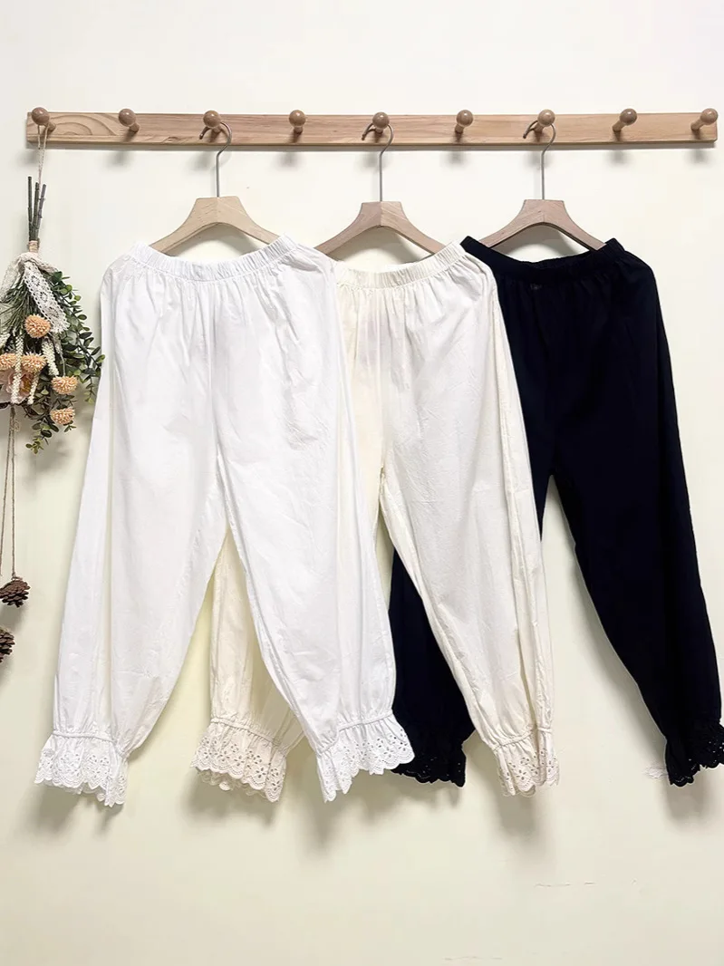 

Женские шаровары в стиле Лолиты больших размеров, белые хлопковые кружевные шорты, широкие брюки с вышивкой, брюки Mori Girl, весна 2023 г.