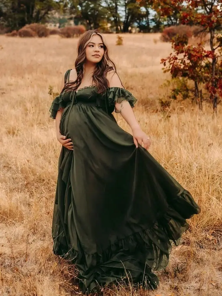 Donkergroen hemdje tule jurk fotoshoot zwangere fotografie jurk voor vrouwen elegante fotografie studio kostuums - afbeelding 2