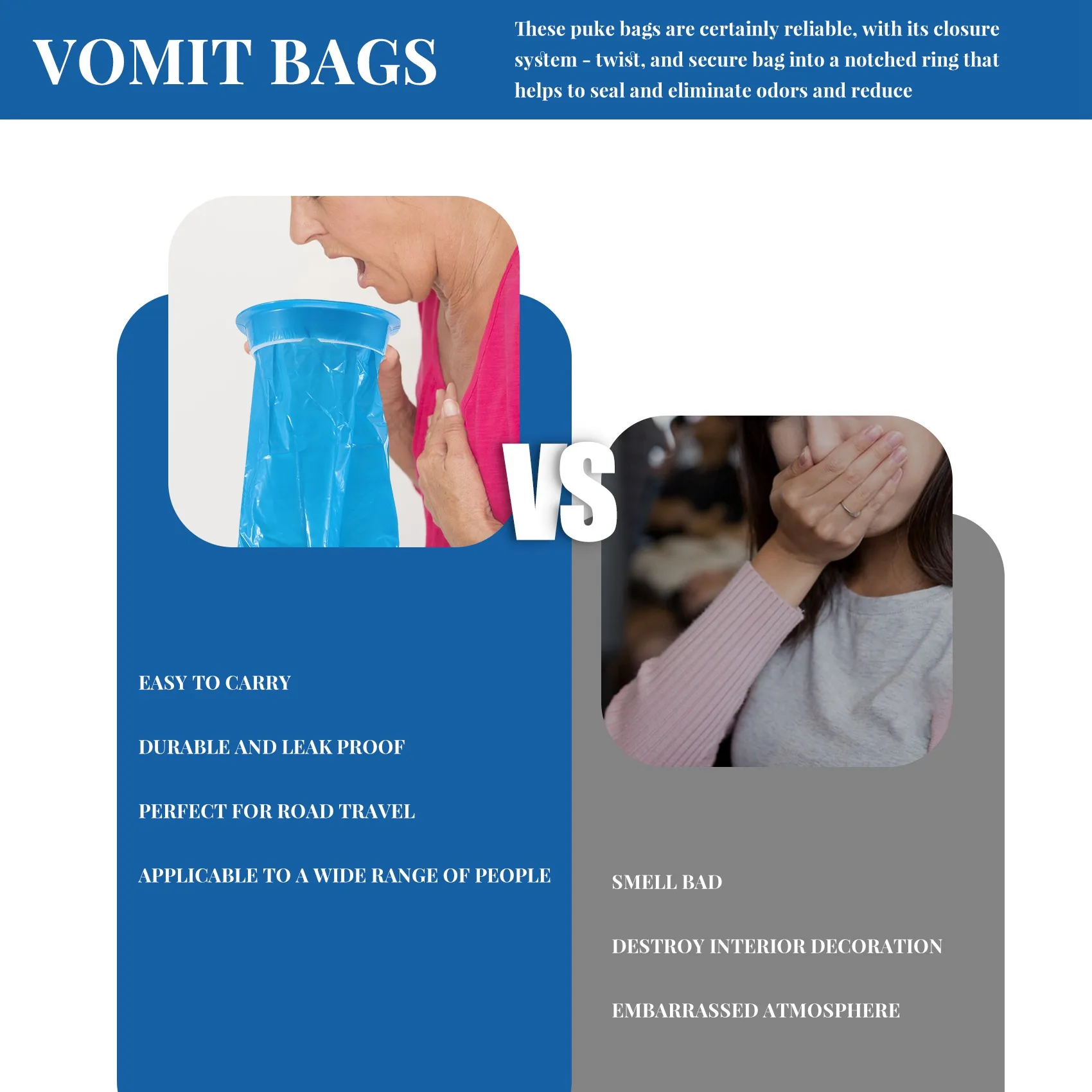 20Pcs Disposable Vomit Bags , Emesis Bags, Aircraft & Car Sickness Bag, Nausea Bags for Travel Motion Sickness