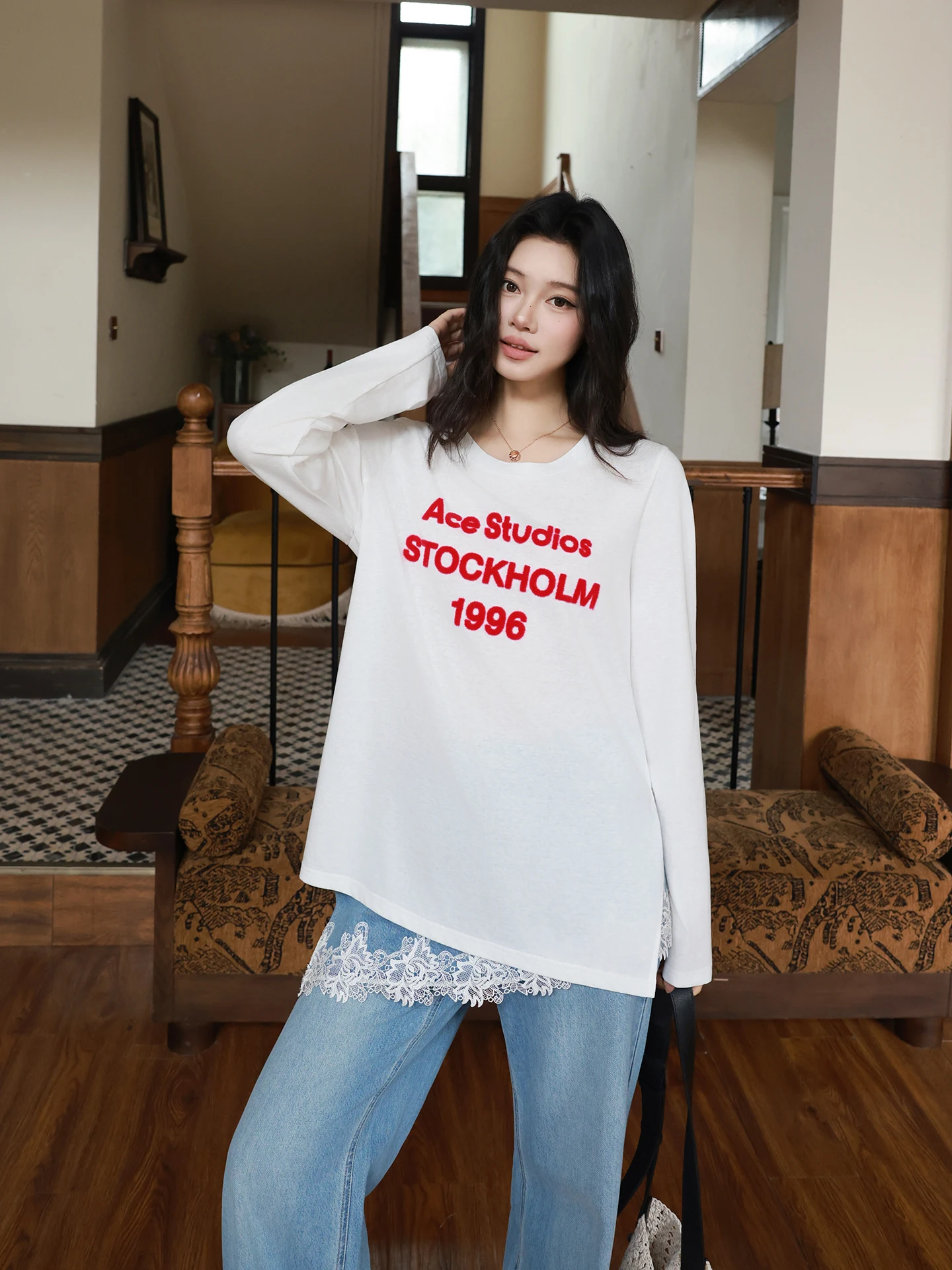 

Me1996 Long Sleeve White T-Shirt Women's Style Versatile Slimming Fashionable Tea Red Cotton Breathable round Neck Spring New