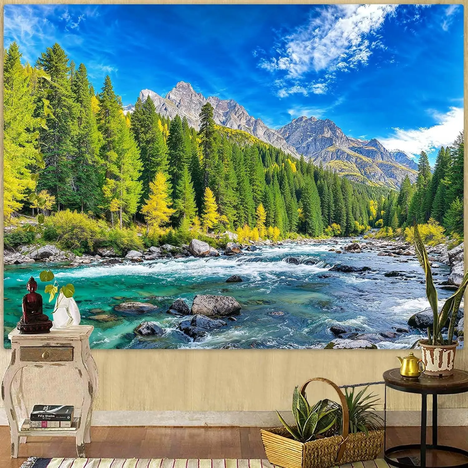 Nature Forest Mountain Tapestry Green Pine Tree Wall Tapestry for Bedroom Aesthetic Woods Flowing River Landscape Tapestries