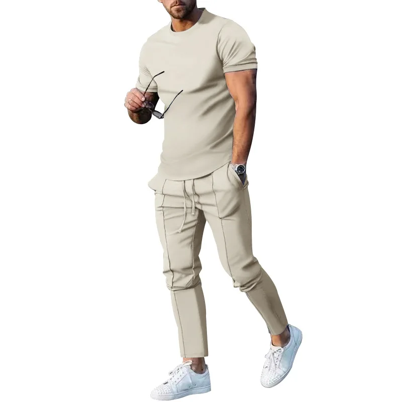 Mens Suit Summer Solid Color Casual Round Neck Short-sleeved Mens T-shirt Trousers Two-piece Set