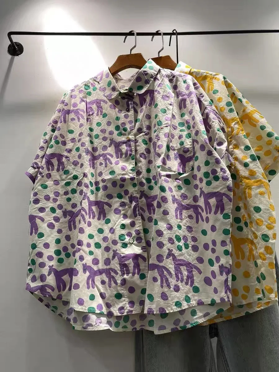 Harajuku fashion Cotton Playful Polka Dot Print Shirt for Women Japanese Style Casual Loose Blouse with Cute Animal Pattern
