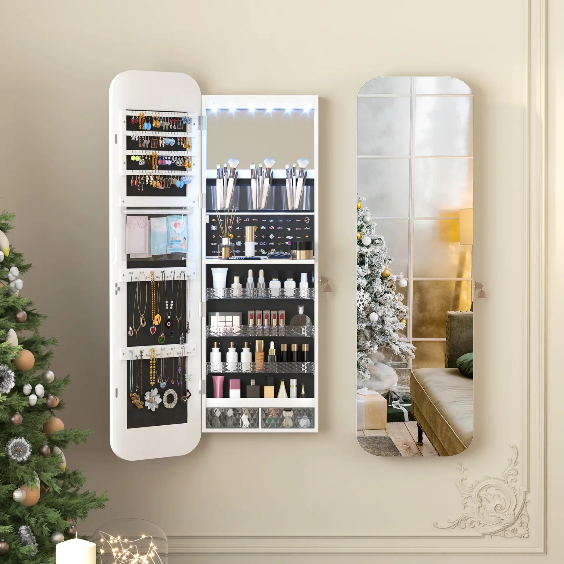 mirror jewelry cabinet hanging full-length mirror can lock the rounded corner hanging mirror storage box