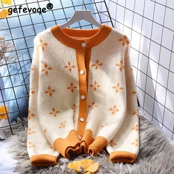 Women Korean Contrast Color Sweet Soft Button Knit Cardigan Spring Autumn Casual O Neck Long Sleeve Loose Sweaters Coats Clothes