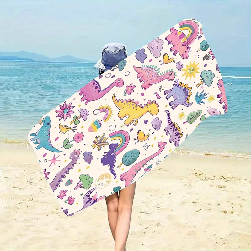 Dinosaur Rainbow Flower Pattern Beach Towel Pink Purple Background Cute Cartoon Design Large Soft Microfiber Bath Blanket
