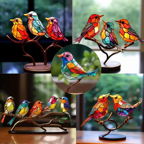 

Stained Acrylic Birds on Branch Desktop Ornament Decoration Bird Series Alloy Acrylic Colorful Decoration Home Office Desk Decor