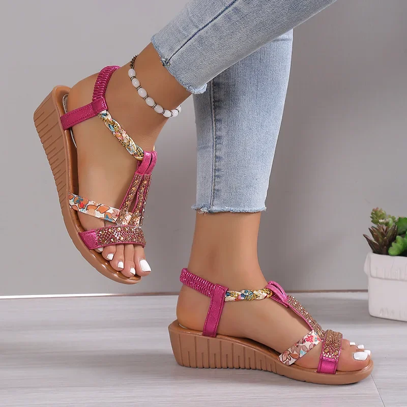 Sandalias de cuña para mujer, sandalias de plataforma informales con diamantes de imitación bohemios de verano, zapatos de playa al aire libre con