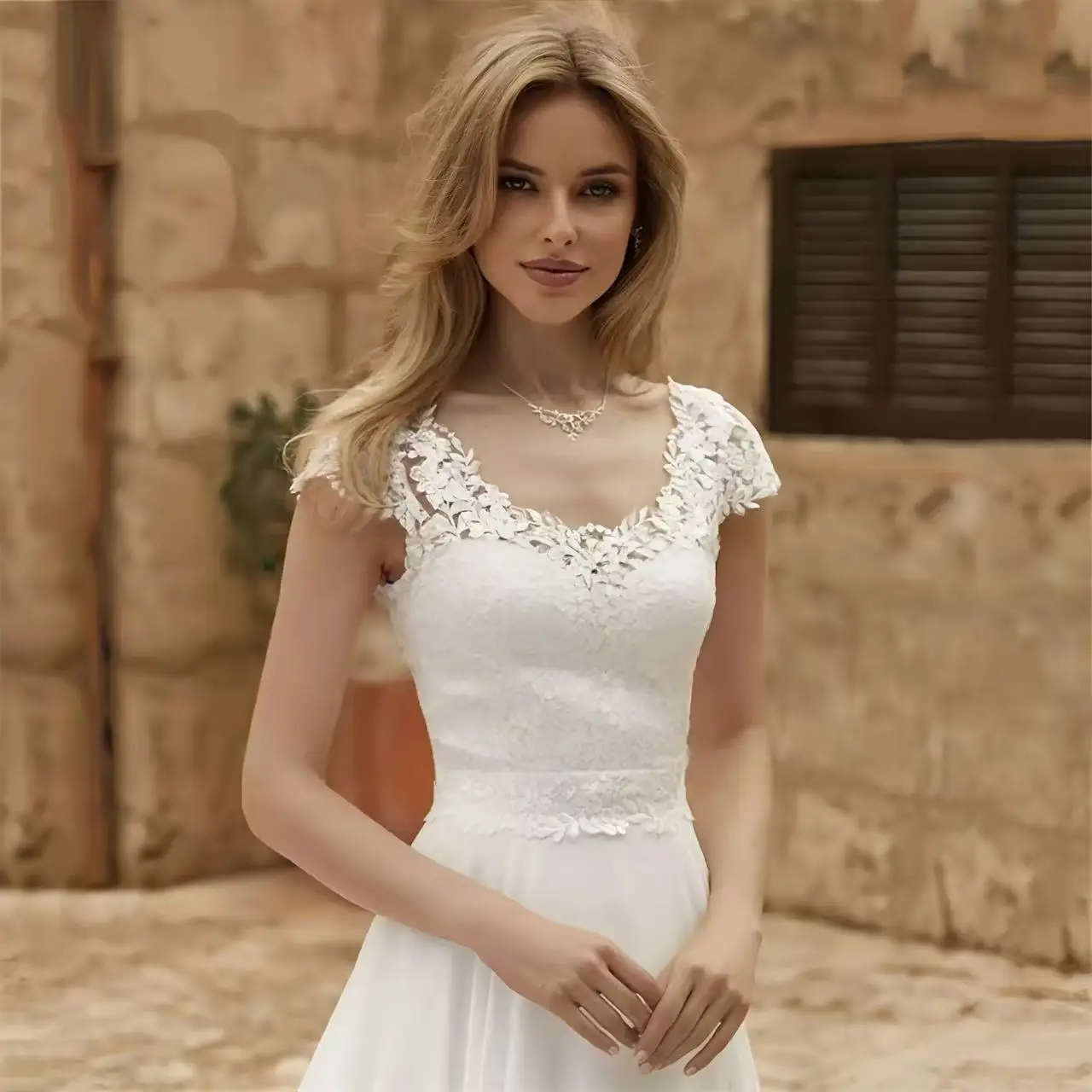 Elegant A-Line Wedding Dress Women Lace Illusion Back Short Sleeve O-Neck Chiffion Bridal Gown Train Vestido De Noiva Customized