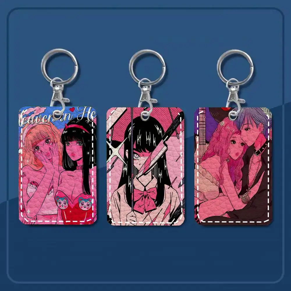 Ins Japanese Anime Decorative Card Case Keychain Access Card Bag Key Tag Ring Leather Card Holder Key Ring Access