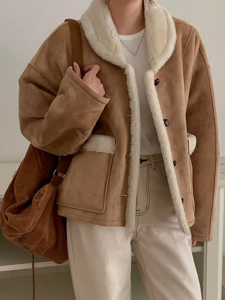 Koreanische Sle Winter Vintage Weiche Doppelseitige Tragen Wildleder Lamm Pelz Integrierte Kragen ort Jaet frauen Faion Oberbekleidung