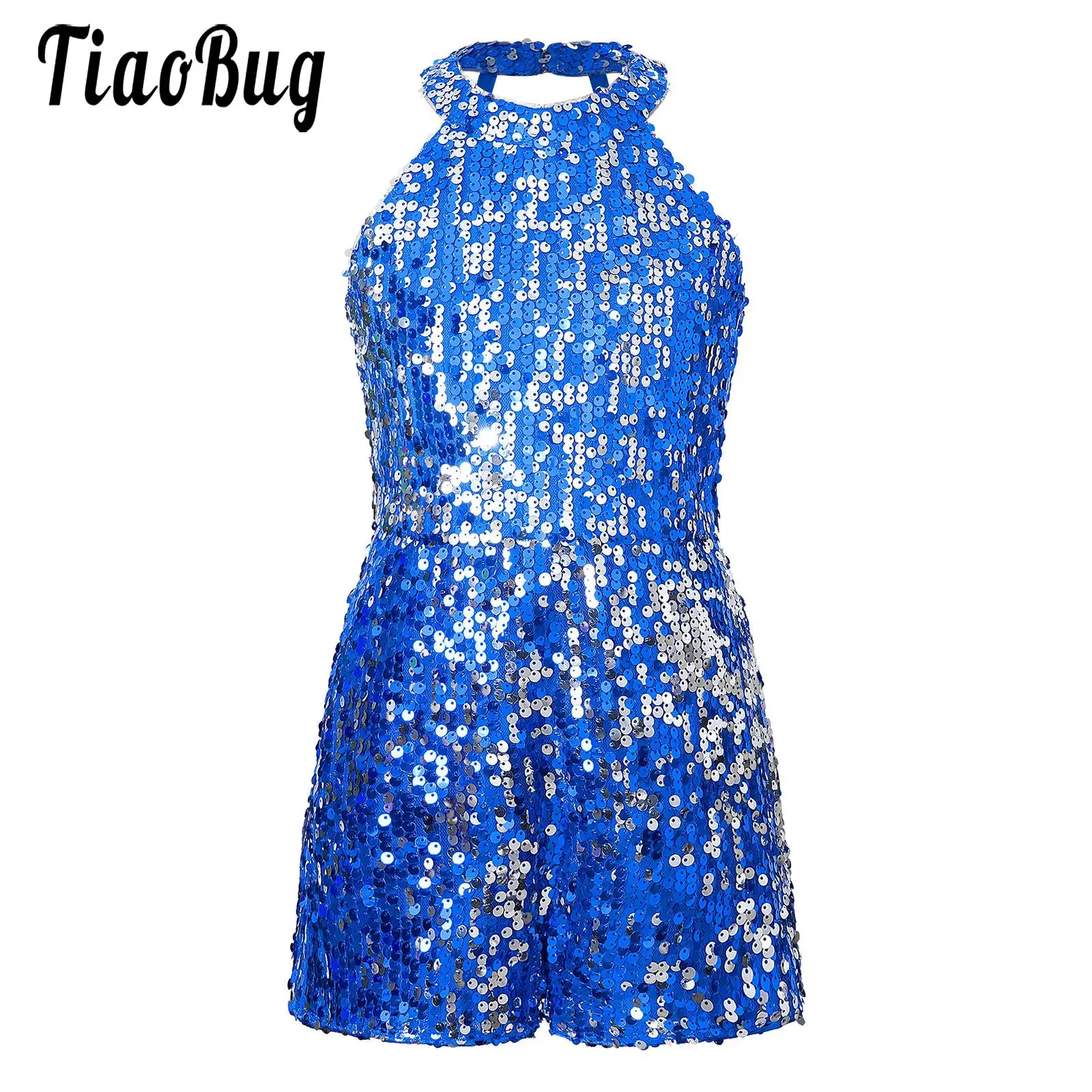 Kids Girls Shiny Sequined Bodysuit Pageant Romper Halter Sleeveless Cutout Back Short Jumpsuit Party Gymnastic Ballet Dancewear