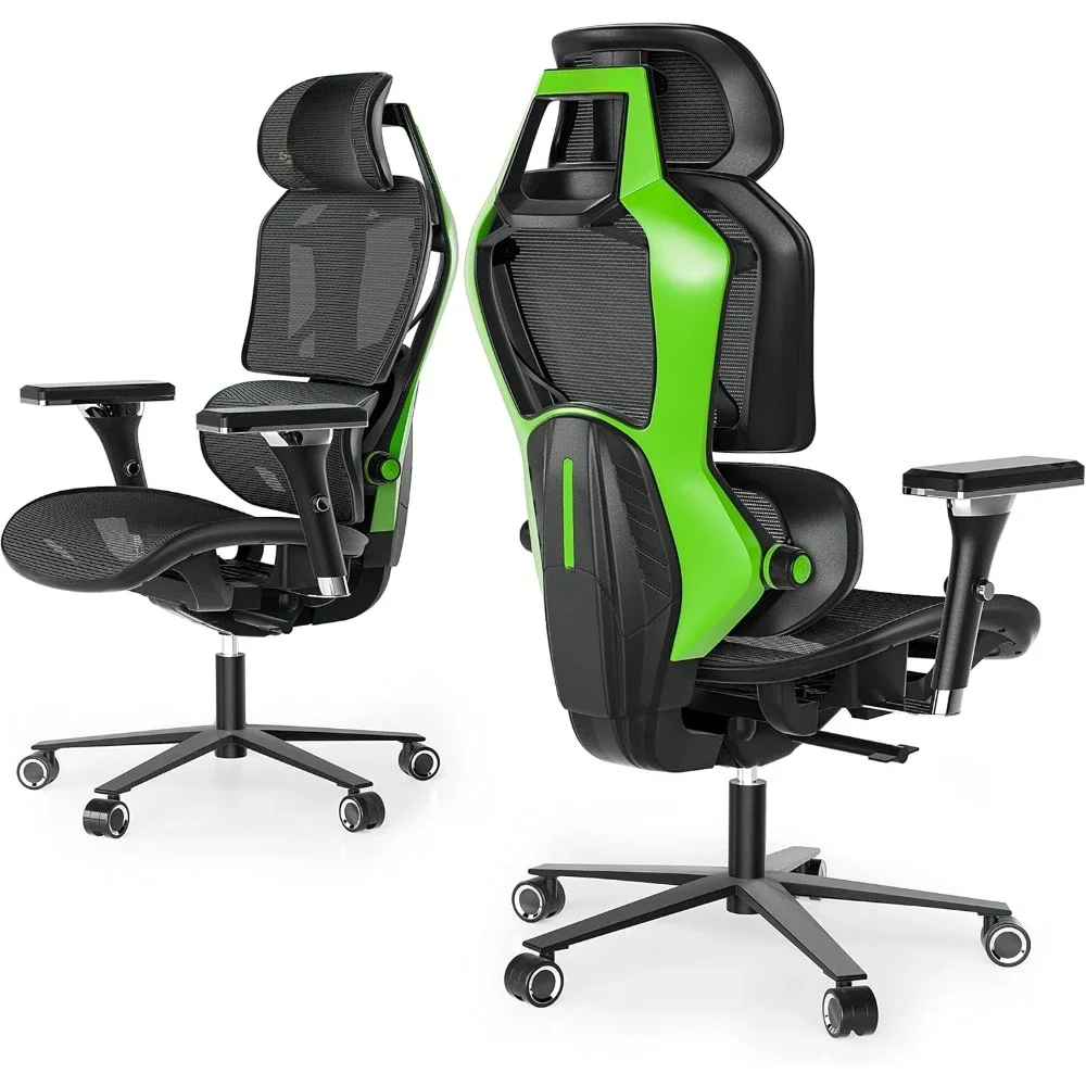 ERGONOMIC Gaming Chair with Lumbar Support/4D Armrests, Breathable, Seat Depth Adjust, Green Mesh Computer Gaming Chair