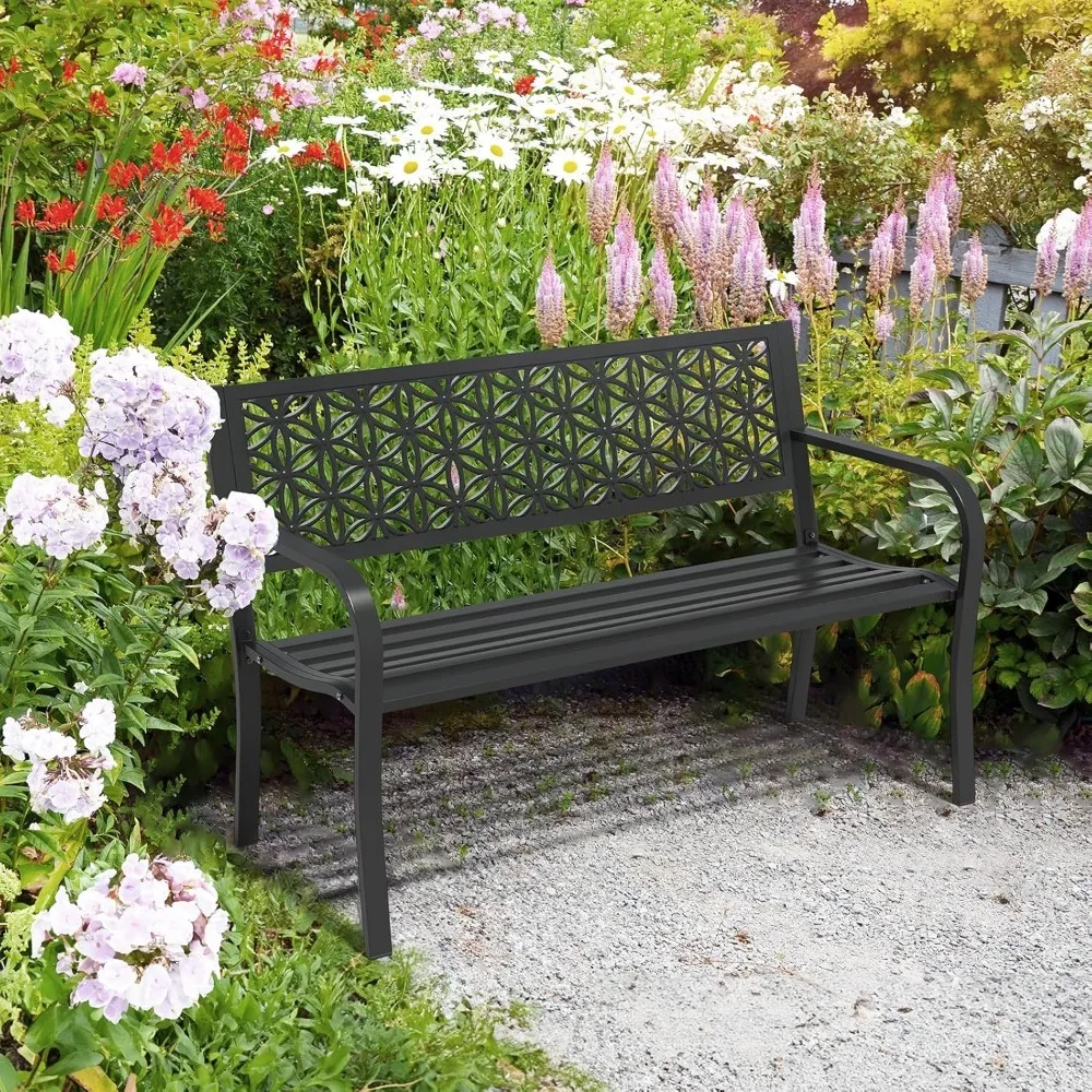 

50" Outdoor Bench Metal with Floral Back, Garden Bench Front Porch Benches for Yard Patio Entryway Park Outside, 800lb Capacity