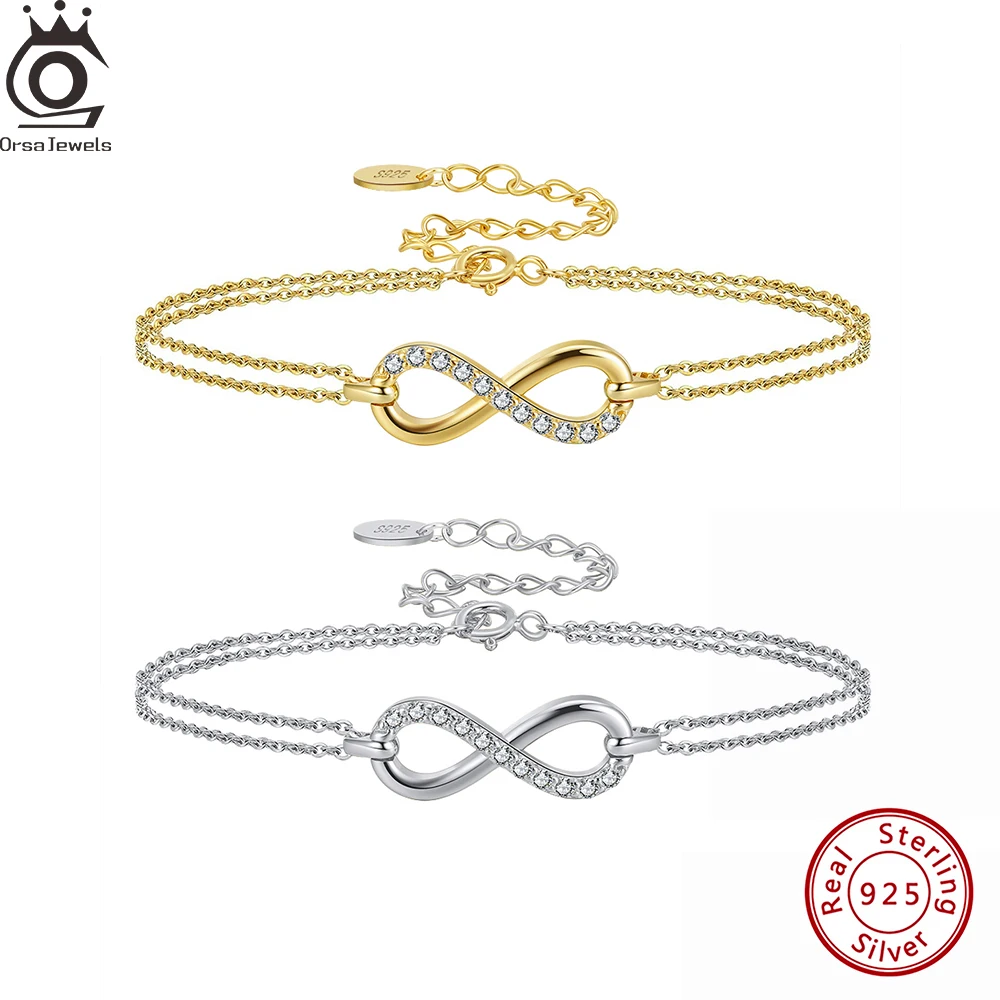 

ORSA JEWELS Clear Cubic Zirconia Infinity Chain Bracelet 925 Sterling Silver Endless Love infinity Bangle for Women Gift SB136