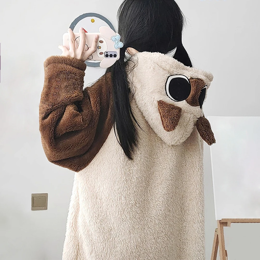 Women's Cartoon Pyjamas Set Nightdress Winter Cute Coral Fleece Sleeping Robe Thicken Warm Nightgown Homewear Set Sleepshirt