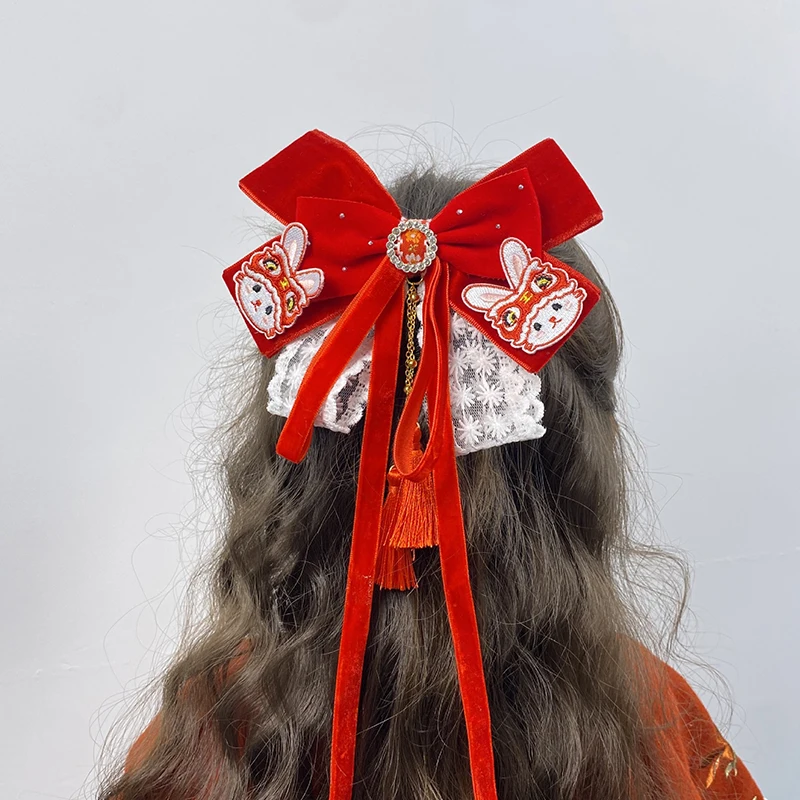 Red Bow Princess Girl Headwear New Year Cute Pompom Kids Hair Clips Winter Plush Hairpins Braid Accessory New Year Gift for Kids