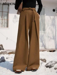 MISHOW Women's Woolen Wide-leg Pant 2023 Winter High Waist Loose Suit Straight Trousers Female Fashion Lace Up Pants MXC56K0527