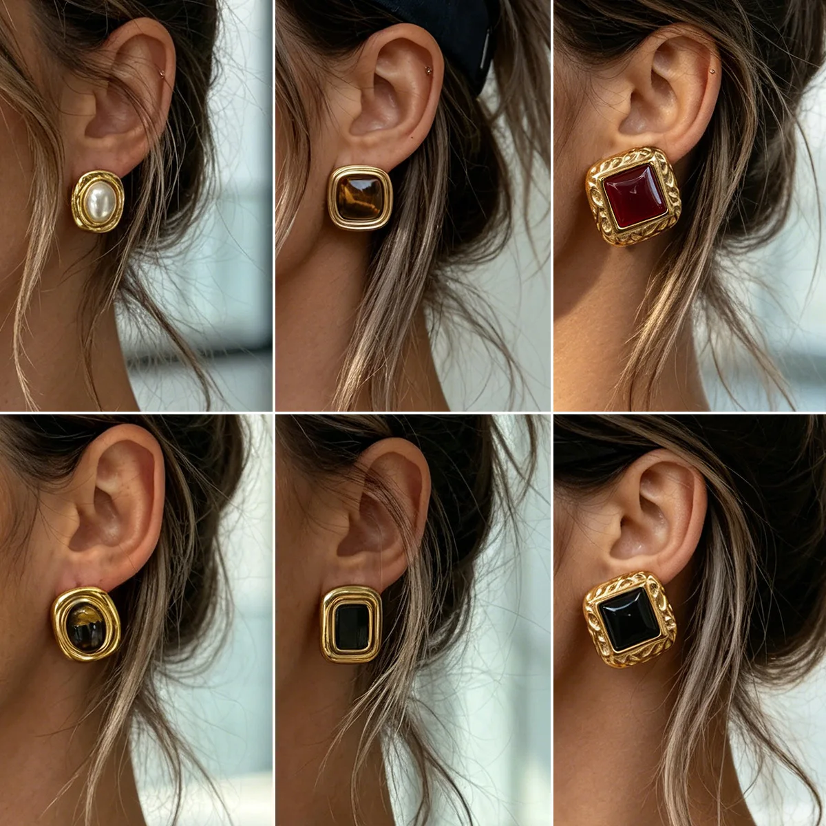Unique Square Pearl Amber Ombre Earrings Stainless Steel Tiger Eye Gemstone Vintage   for Women Daily Wear Silver