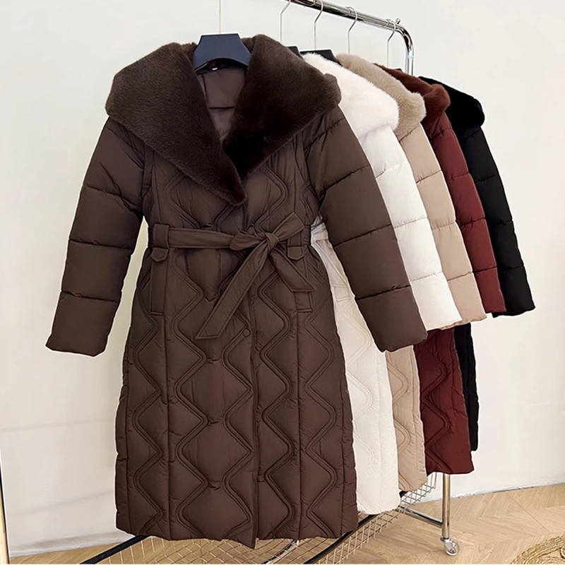

2025 New With Belt Long Hooded Winter Cotton Padded Jacket Slim Coat Women Parkas Thick Clothes Female Casual Outerwear