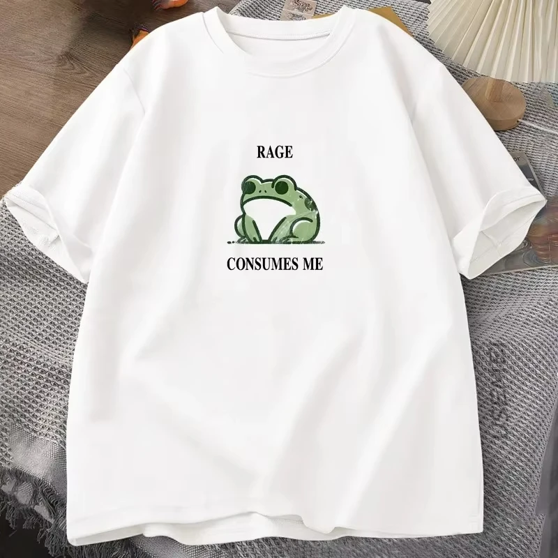 Unisex Cute Frog Rage Consumes Me Graphic T Shirt Funny Quote Chest Print Short Sleeve Crew Neck Casual Tee Men Women