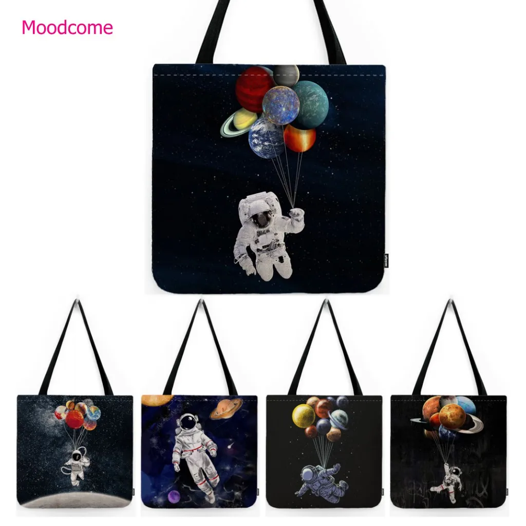 Astronaut Painting Solar Galaxy Planet Balloon Outer Space Museum Canvas Bag Water Resistant Cotton Linen Shoulder Tote Bag