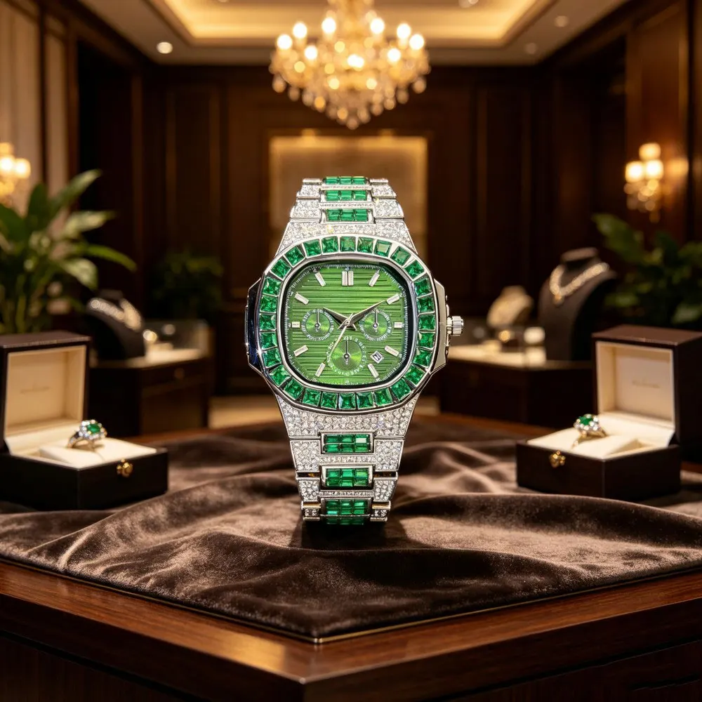 Missfox Square Green Iced Out Watches for Men Luxury Diamond Quartz Wristwatch Chronograph Style Hot Sale Watch Gift