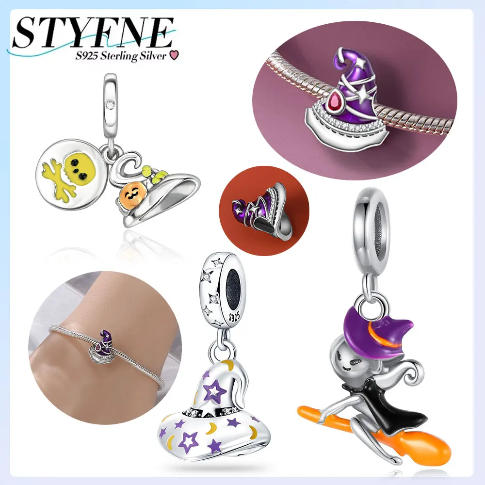925er Silber vergoldet, Original-Charms, Halloween, lila, magische Hexe, leuchtende Hexenhut-Perlen, passend für Armbänder, Damenschmuck, Geschenk