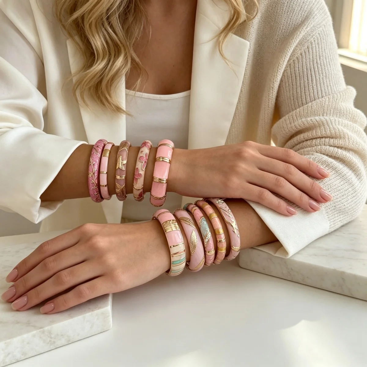 Vintage Pink-Serie Emaille-Manschettenarmbänder für Damen und Herren, Modisches Weichrosa Block-Muster mit Gedrehten Blättern, Blumen und Sternen, Armreif-Schmuck – Detail 11