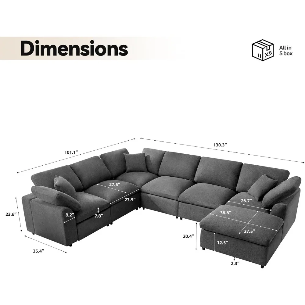 Sectional Sofa,with Movable Ottoman 7 Seater Comfy Couches for Living Room Spacious Space Office Lounge,Oversized Cloud Couch