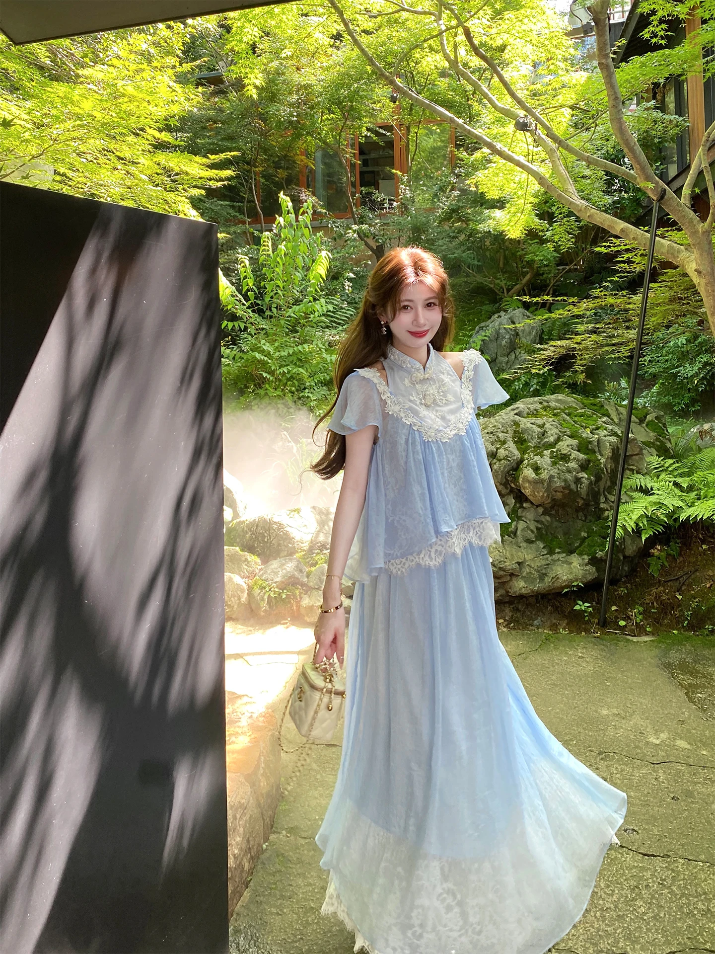 

Новый легкий комплект из шифона с бисером и кружевом: топ с коротким рукавом и юбка для женщин, весна-лето, модный китайский стиль