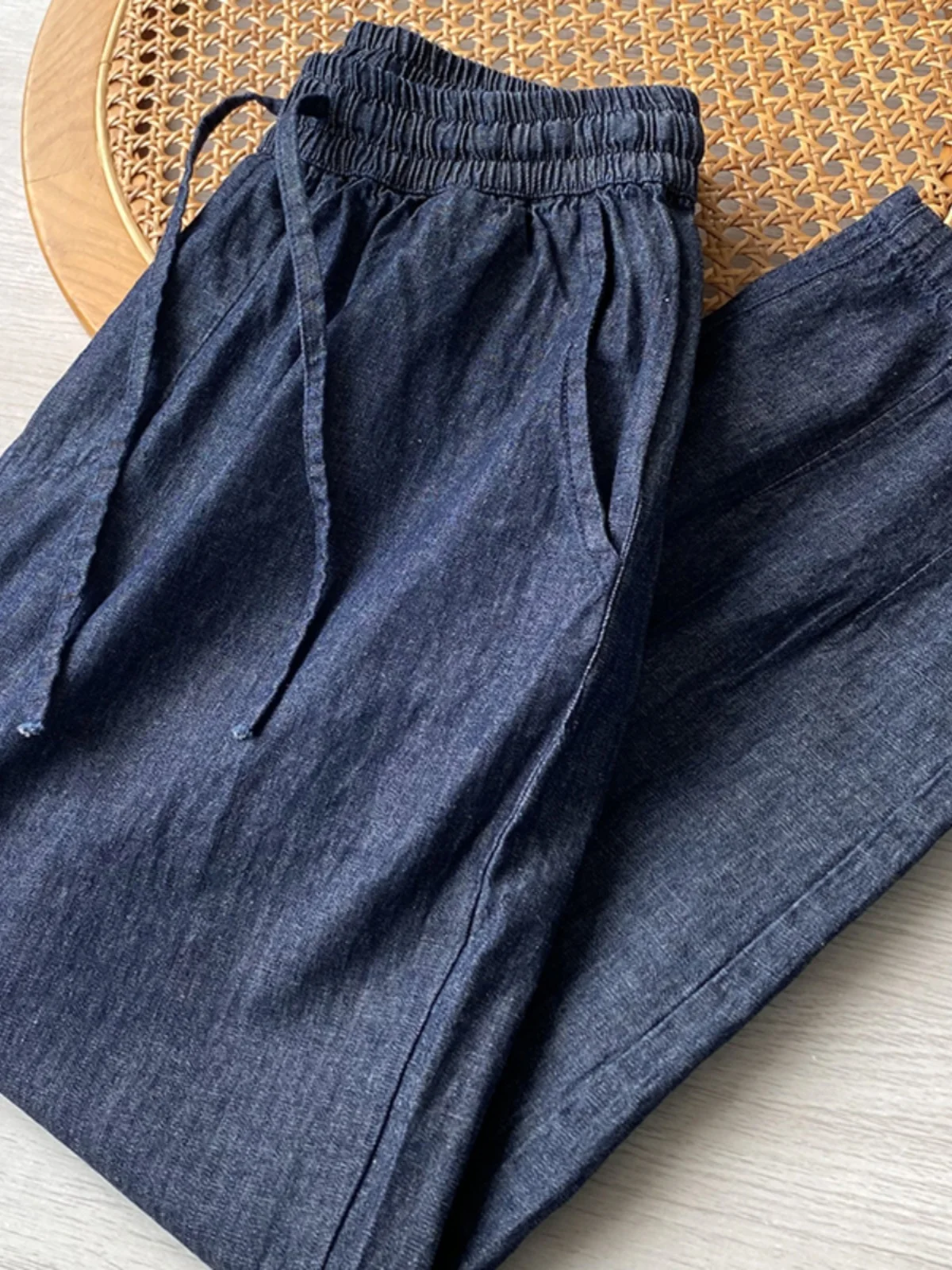 

Good Reputation Men's Cotton Jeans Loose Straight Leg Summer Fashionable Washed out Elastic Waist Casual Youth Trend