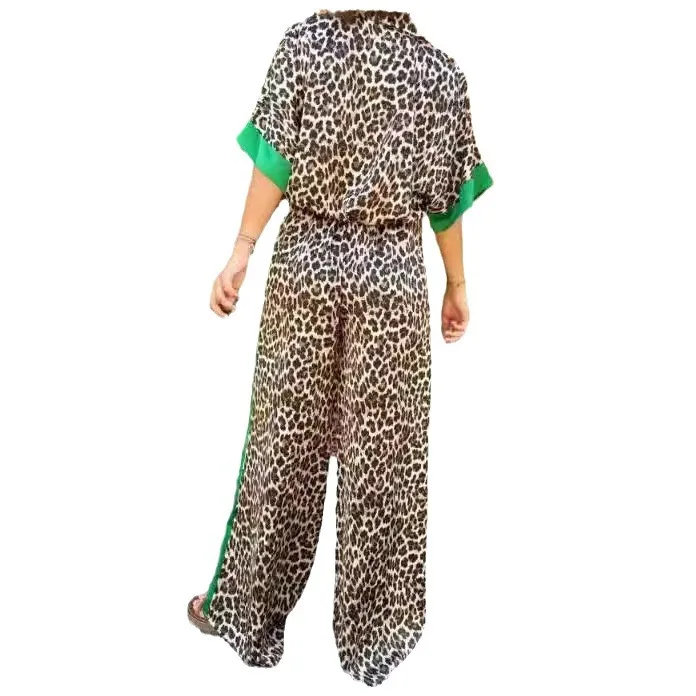 Women Two-piece Spring Summer Leopard Print Casual Set Single Breasted Lapel Shirt&Wide Leg Pant Outfit Short-sleeved Loose Suit