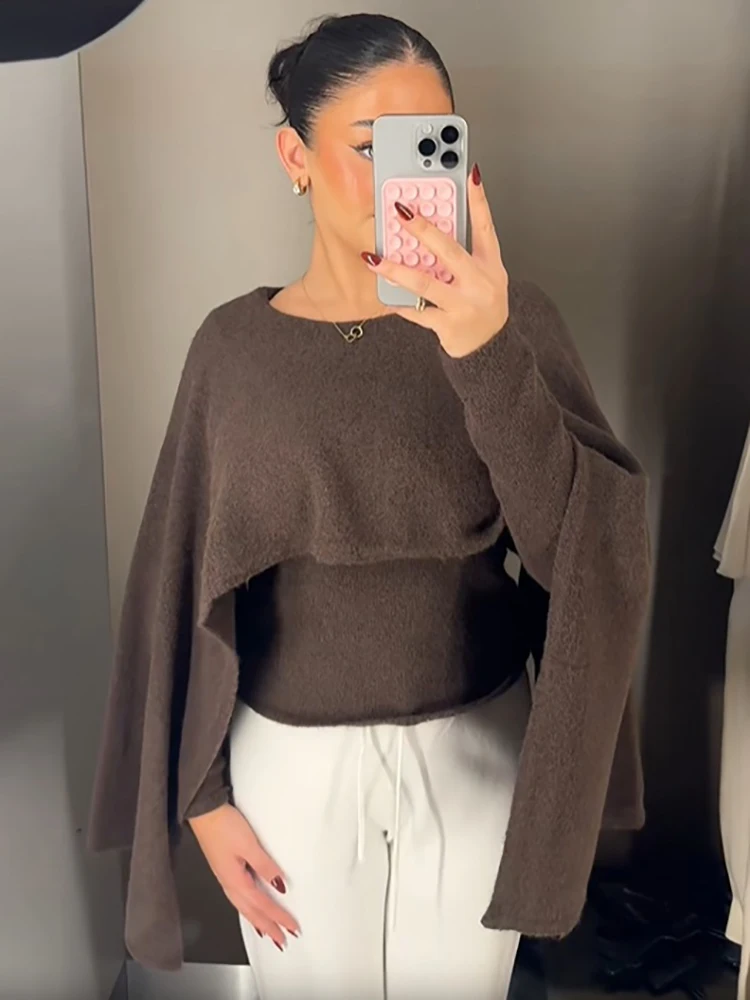 Elegant Mock Two-piece Cape Knit Pullover Women Dark Brown Boat Neck Asymmetric Full Sleeve Sweater New Autumn Commute Daily Top